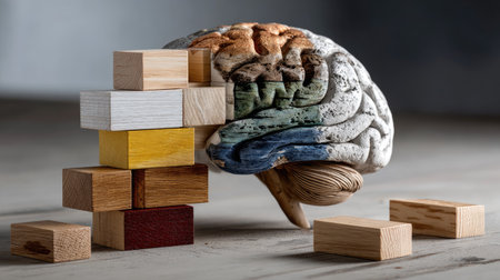 A visually striking representation of brain functionality, showcasing a detailed brain sculpture alongside colorful wooden blocks, symbolizing creativity and cognitive development.の素材