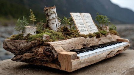 A beautifully crafted piano made from wood, adorned with lush plants and sheet music, set in a serene outdoor landscape, showcasing harmony between nature and art.の素材