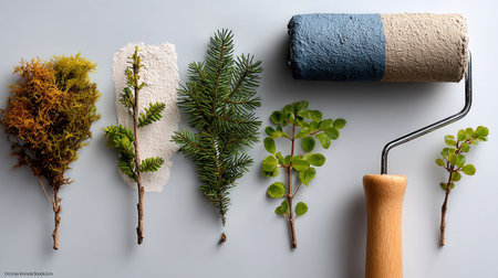 This image showcases a captivating arrangement of natural elements, including moss, branches, and leaves, alongside a paint roller, ideal for inspiring creative decor projects.の素材