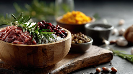 A beautifully arranged kitchen scene featuring fresh ingredients, including herbs and spices, in wooden bowls. This setup highlights culinary creativity and healthy cooking. Perfect for food photography enthusiasts!の素材