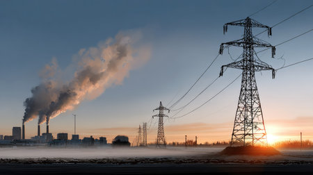 A striking industrial landscape features power lines and smokestacks against a stunning sunset. The image captures the interplay of technology and nature in a foggy environment.の素材