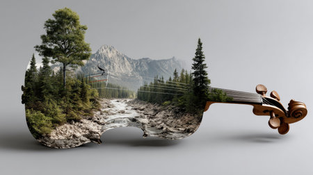 A captivating blend of a serene landscape and a violin, showcasing the harmony between music and nature. This surreal composition evokes creativity and tranquility.の素材
