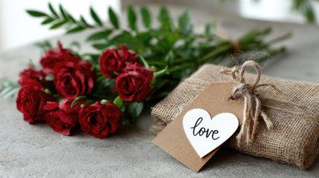 A stunning arrangement of red roses paired with a beautifully wrapped gift featuring a love tag, perfect for romantic occasions and heartfelt celebrations.の素材