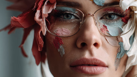 This close-up portrait showcases a woman adorned with vibrant artistic makeup and colorful accessories, creating a striking visual experience.の素材