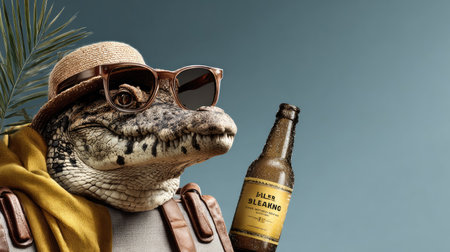 A whimsical alligator dressed in sunglasses and summer attire, joyfully holding a drink, embodies fun and relaxation against a vibrant blue backdrop.の素材