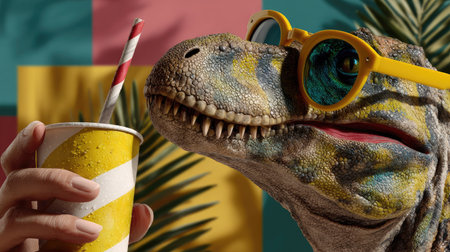 A vibrant and whimsical scene featuring a playful dinosaur wearing sunglasses, enjoying a refreshing drink with a striped straw against a colorful tropical backdrop.の素材
