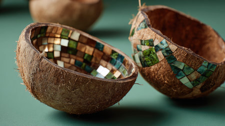 This image showcases unique handmade bowls crafted from coconut shells, featuring colorful mosaics and natural textures, perfect for home decoration.の素材