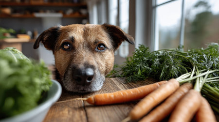 A charming dog rests its head on a wooden table, surrounded by fresh vegetables like carrots and greenery, creating a cozy and inviting kitchen atmosphere.の素材
