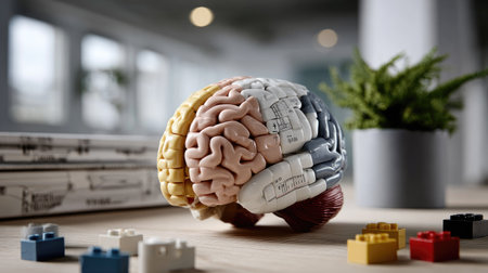 A detailed brain model sits on a wooden table among colorful building blocks, showcasing anatomy within a contemporary office environment. Ideal for educational use.の素材