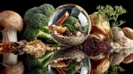 A stunning arrangement of fresh organic ingredients featuring broccoli, mushrooms, and herbs displayed with a reflective glass sphere, showcasing culinary artistry.の素材