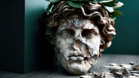 This striking image showcases an ancient Greek bust adorned with a laurel wreath, highlighting its intricate details and historical significance.の素材