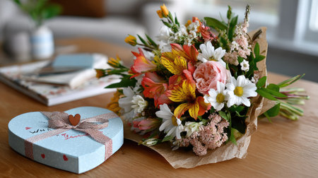 A vibrant floral bouquet featuring assorted colorful flowers alongside a beautifully wrapped heart-shaped box of chocolates, perfect for gifting.の素材