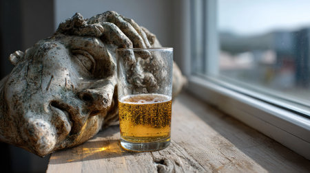 A captivating still life featuring an artistic sculpture alongside a glass of beer on a wooden surface, highlighted by soft natural light and a serene background.の素材