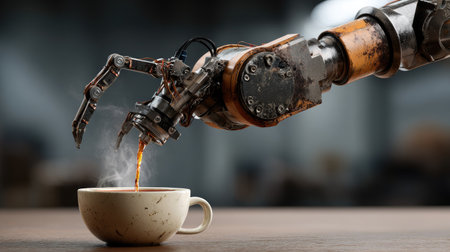 A robotic arm skillfully pours hot coffee into a white ceramic cup, surrounded by an industrial setting. Steam rises, showcasing modern technology in action.の素材