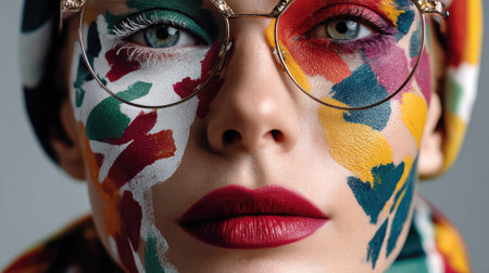 This captivating close-up features a woman with unique and colorful face paint, stylish glasses, and bold lipstick, showcasing creative makeup artistry.の素材