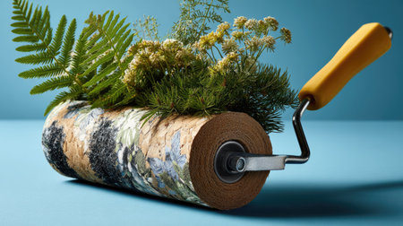 This unique image features a paint roller adorned with a variety of lush greenery, set against a calming blue background, showcasing innovative decoration concepts.の素材