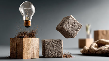 This striking image features a floating light bulb above textured blocks, symbolizing innovation and creativity in a minimalist environment. Perfect for visual storytelling.の素材