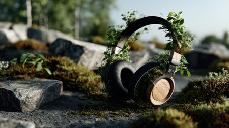 A stylish pair of eco-friendly headphones adorned with lush greenery and set against textured rocks, perfect for promoting sustainability and nature-inspired design.の素材