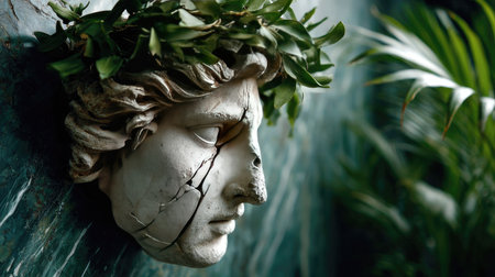 This captivating image features an ancient marble sculpture of a male bust, intricately cracked and adorned with a delicate wreath of leaves, nestled against lush greenery.の素材