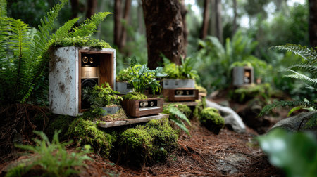 A captivating scene featuring vintage audio equipment embedded in a lush forest, highlighting the harmony between technology and nature's beauty.の素材