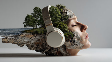 This surreal image blends nature with music, featuring a woman's head formed with rocks and greenery, while wearing stylish headphones, inviting calm and inspiration.の素材