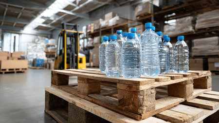 A close-up view of stacked plastic water bottles on a wooden pallet in a busy warehouse setting, featuring a forklift vehicle in the background.の素材