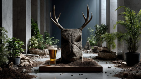 This unique artistic display features a sculpted deer head alongside a refreshing beer, set in a modern gallery surrounded by lush plants and stones.の素材