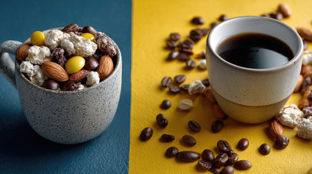 A cozy snack setup featuring a stylish cup filled with popcorn, almonds, and colorful candies paired with a freshly brewed coffee cup. Perfect for relaxation.の素材