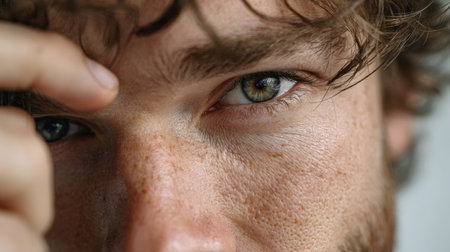 This captivating close-up portrait showcases a young man with vibrant green eyes and curly hair, highlighting his unique facial features and emotional depth.の素材