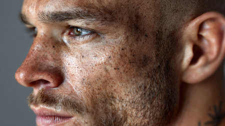 This close-up portrait showcases a man with striking freckles and a serious gaze, revealing intricate details of his skin texture and unique charm.の素材