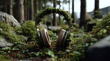 A pair of headphones adorned with vibrant moss sits in a tranquil forest setting, surrounded by natural greenery and sunlight, inviting a serene listening experience.の素材