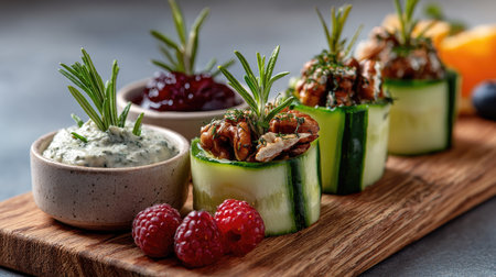 A visually stunning presentation of fresh cucumber rolls filled with savory ingredients, accompanied by creamy dip and sweet garnishes on a rustic wooden platter.の素材