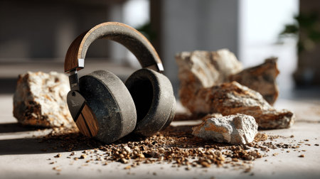 A pair of stylish headphones with wooden accents rests on a textured surface surrounded by rocks and coffee beans, creating an artistic composition.の素材