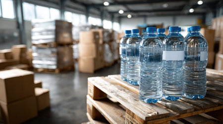 A set of clear plastic water bottles neatly arranged on a wooden pallet in a spacious warehouse, highlighting industrial storage and hydration options.の素材