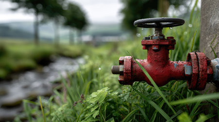 A vibrant red water valve stands amidst lush green grass beside a gentle stream, capturing the essence of nature in a serene landscape under an overcast sky.の素材