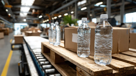 A detailed view of bottled water placed on a wooden pallet in a spacious warehouse setting, surrounded by cardboard boxes and a conveyor belt, reflecting a busy logistics environment.の素材