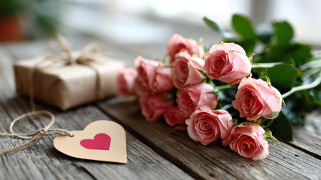 A stunning arrangement of pink roses next to a beautifully wrapped gift box on a rustic wooden table, perfect for romantic moments and celebrations.の素材