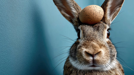 A charming rabbit balances a speckled egg on its head, showcasing a playful interaction in a serene blue background. Perfect for spring themes and humor.の素材