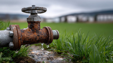 An intricate close-up of a rusty outdoor faucet leaking water, surrounded by vibrant green grass under a dramatic cloudy sky, showcasing rural charm.の素材