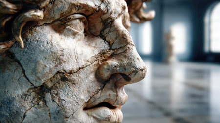 This image captures a detailed close-up of a cracked ancient marble sculpture, emphasizing its historical significance and artistic craftsmanship in a serene gallery space.の素材