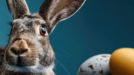 A close-up of a curious rabbit with striking features and vibrant fur against a blue background, accompanied by Easter eggs, symbolizing spring's joy.の素材