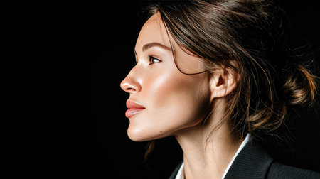Captivating profile portrait of a woman illuminated by soft lighting, highlighting her natural beauty and graceful features against a dark background.の素材