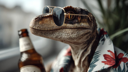 A charming dinosaur wearing sunglasses and a floral shirt enjoys a refreshing drink indoors, creating a fun and whimsical atmosphere perfect for leisure moments.の素材