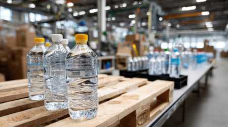 This image captures a scene inside a modern factory where bottled water is being produced. Clear plastic bottles are neatly arranged on wooden pallets, showcasing the production process. The spacious industrial environment suggests efficiency and organization, essential for beverage manufacturing.の素材