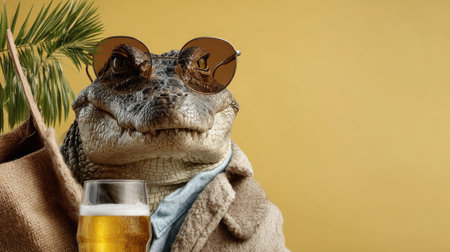 A humorous image of an alligator wearing sunglasses and holding a beer, set against a tropical backdrop, evoking a fun and relaxed atmosphere.の素材