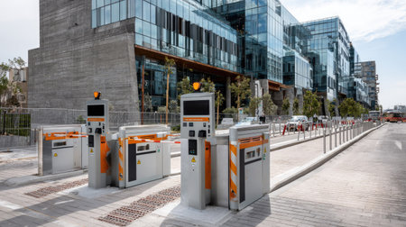 This image captures a modern urban entrance featuring automated barriers set against a backdrop of contemporary glass buildings, highlighting innovative architecture.の素材