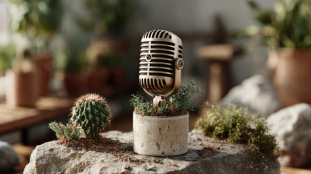This unique composition features a vintage microphone nestled in a plant pot, surrounded by lush greenery, creating a harmonious blend of nature and technology. Perfect for artistic and creative projects.の素材