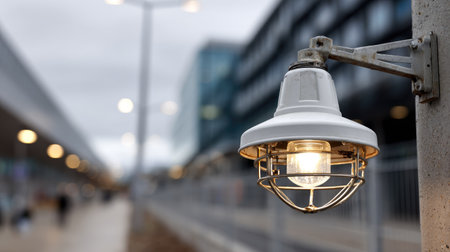 A vintage industrial street light fixture illuminates an urban environment, casting a warm glow on a quiet pathway. The design captures a blend of modern and classic aesthetics.の素材