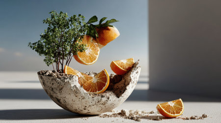 This captivating still life features vibrant orange slices and fresh green leaves gracefully arranged in a unique bowl, showcasing natural beauty and freshness.の素材