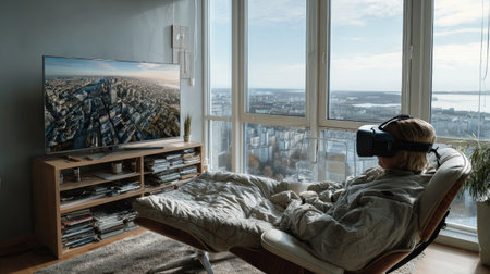 A person enjoying a virtual reality experience while lounging in a stylish living space. The scene captures the blend of technology and comfort with a panoramic view.の素材